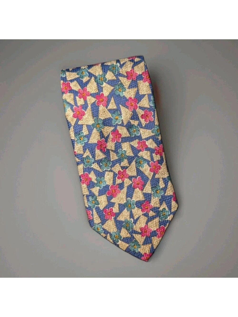 Vintage Lands End Silk Tie Geometric Flowers Blue